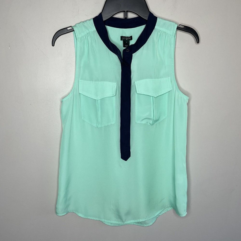 J.CREW Top Womens 2 Mint Green Sleeveless Popover Blouse NEW Blue Trim 58881